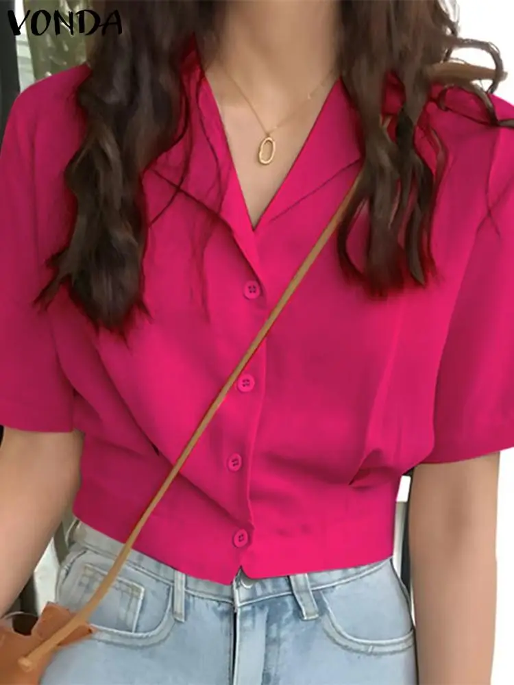 

2024 модные рубашки VONDA повседневные женские летние элегантные свободные Однотонные блузки с лацканами офисная Туника Топы винтажные женские блузы