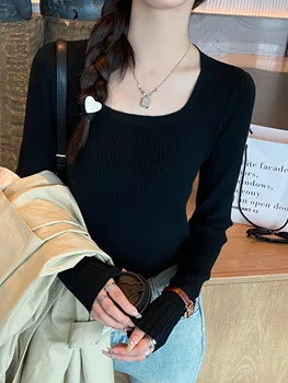 سترات نسائية للخريف والشتاء برقبة على شكل حرف U بلوفرات محبوكة ضيقة سترة نسائية متينة دافئة سترة تريكو غير رسمية من الجيرسيه 2