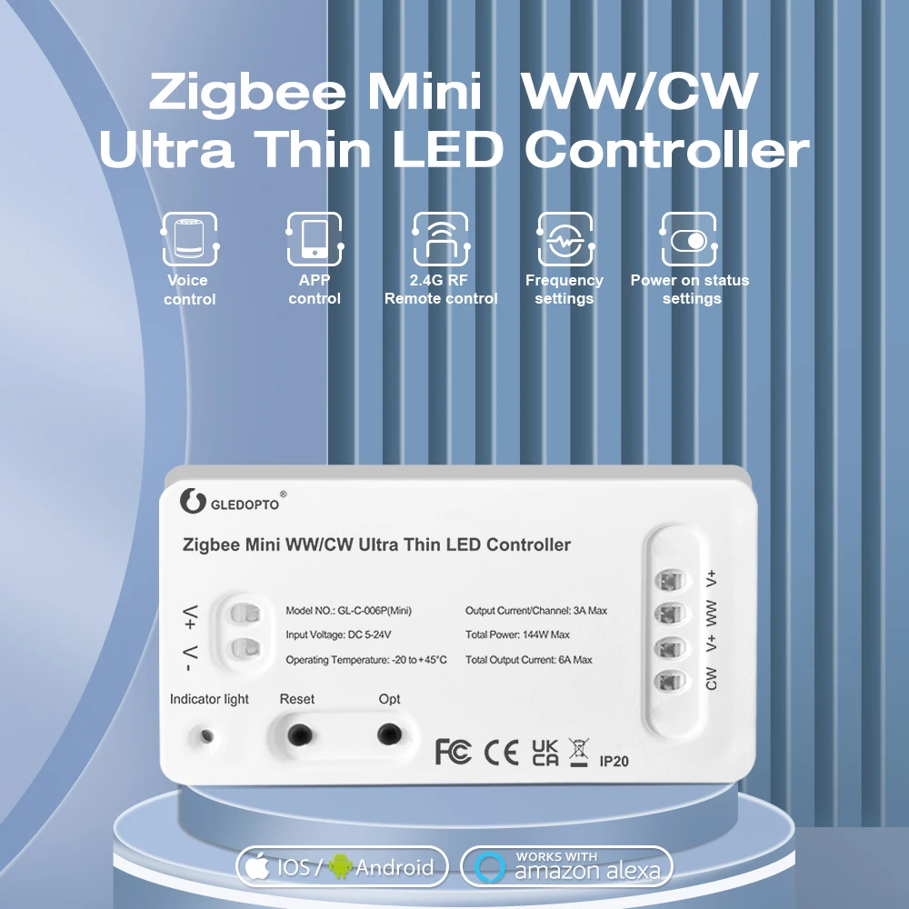 Gledopto Smart Zigbee3.0 Ultra Thin Mini WWCW CCT LED Light Strip Controller Warm Cold White Light Alexa Echo Voice APP Control