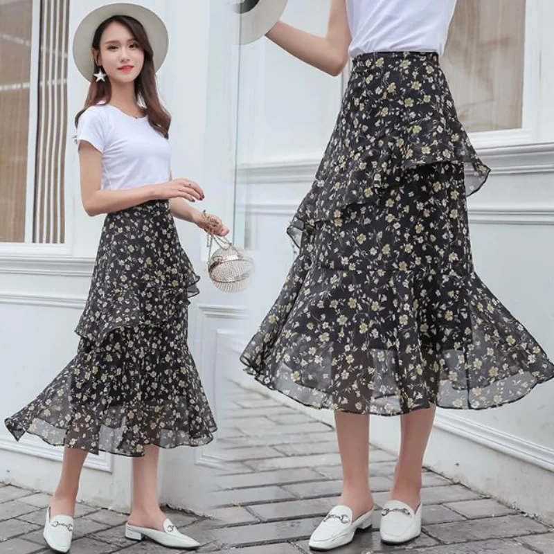 Elegant Vintage Women Floral Chiffon Midi Skirt Koreon Fashion New High Waist Y2k Irregular Ruffles Spring Summer Casual Skirts