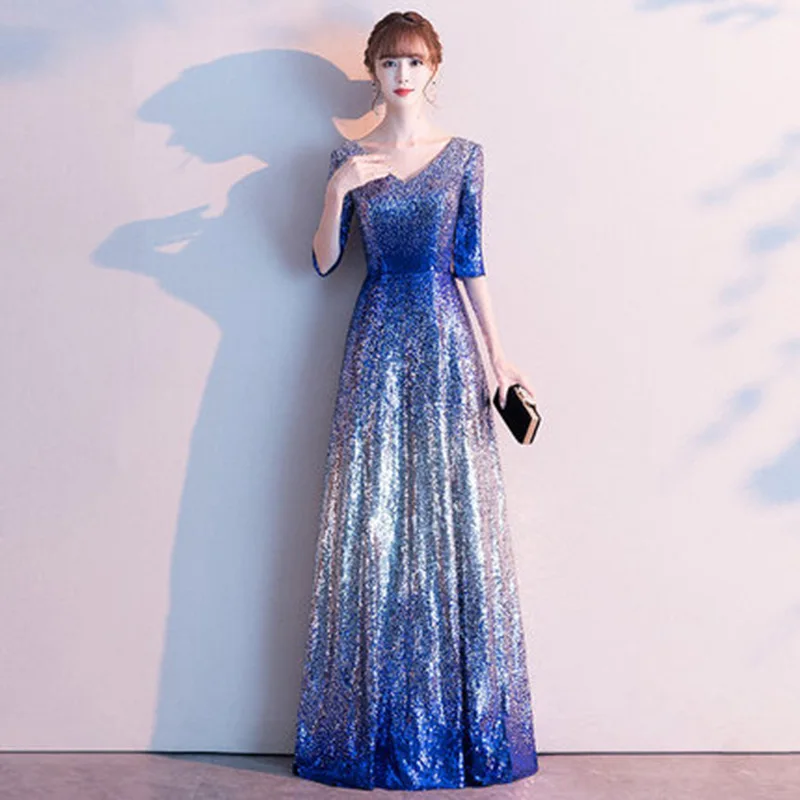 

Shiny Sequins Long Evening Dresses New Classi V-neck Robe De Soiree Elegant A-line Floor-length Bling Vestidos With Half Sleeves