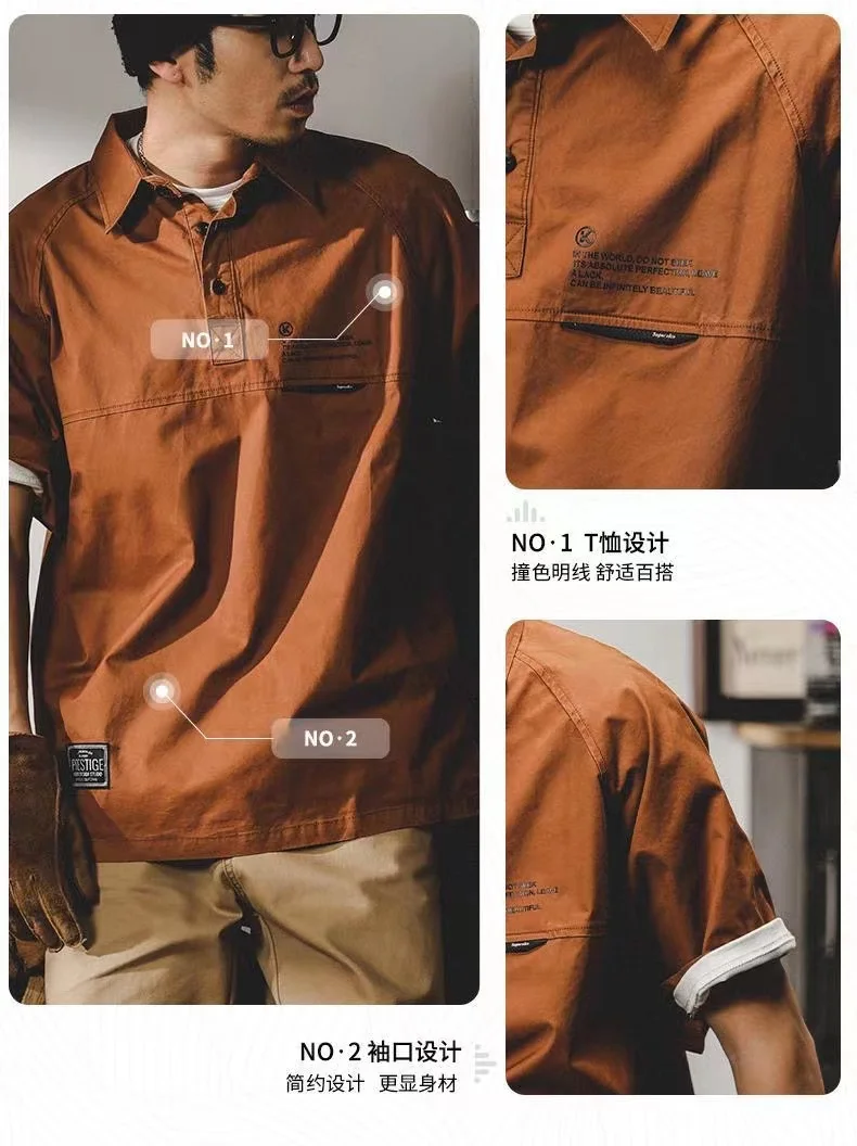 Men'S T-Shirt American Retro Loose Summer Short Sleeves 2022 New Work Shirt Collar Half Sleeve Clothes Printing Man