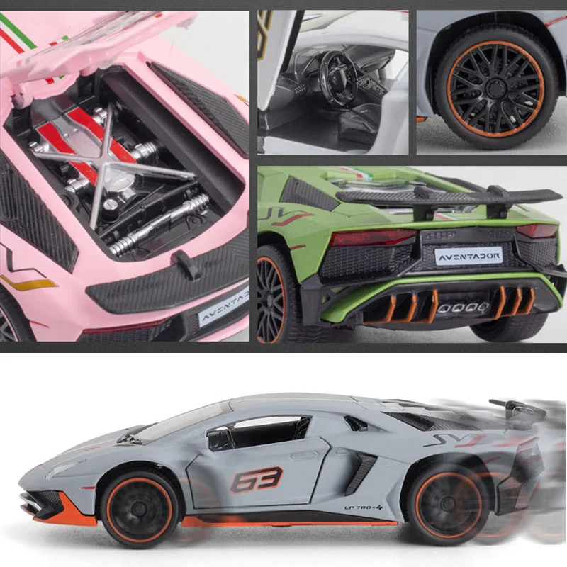 1:32 Lamborghini Aventador SVJ LP780-4 슈퍼 스포츠카 합금 금속 다이캐스트 모델 자동차 사운드 및 라이트 수집 취미 장식품 선물