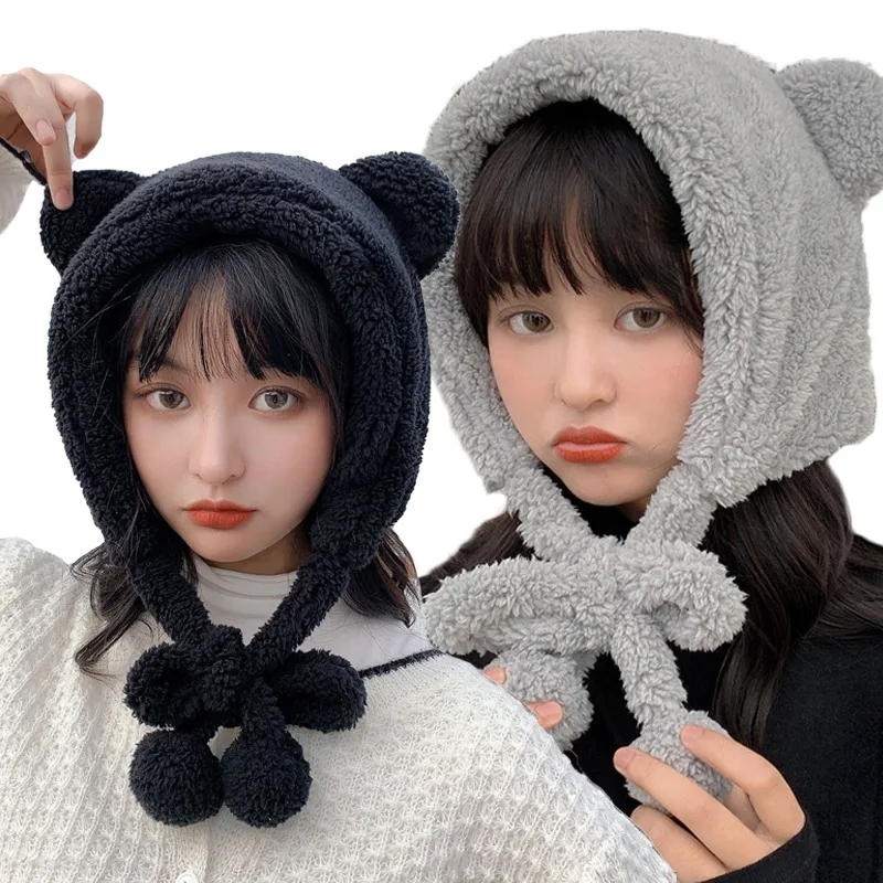 

Winter Lamb Bear Hat Cartoon Women Cute Bear Ear Beanies Cap Warm Casual Plush Windproof Hats Casual Solid Fleece Kawaii Present