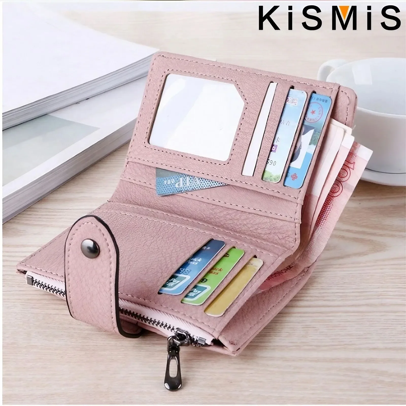 KISMIS Damen Neue Stil PU Leder Niet Kurze Brieftasche Reißverschluss Ändern Kartenhalter frauen Geldbörse Brieftasche Geld Tasche – Detail 2
