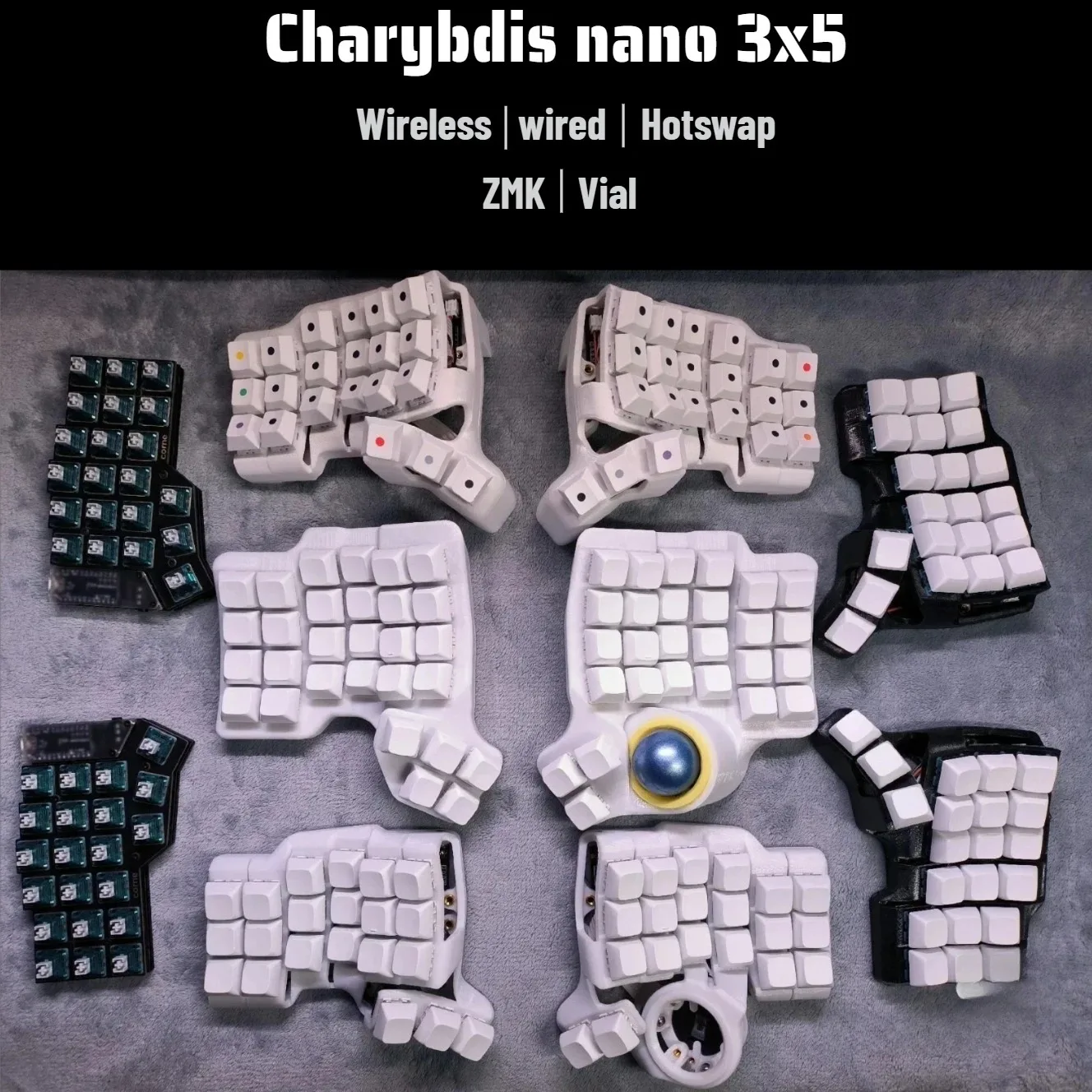 커스텀 카리브디스 나노 커브드 스플릿 키보드 키트 3x5 트랙볼 블루투스 무선 듀얼 모드 핫스왑 스플릿 기계식 키보드