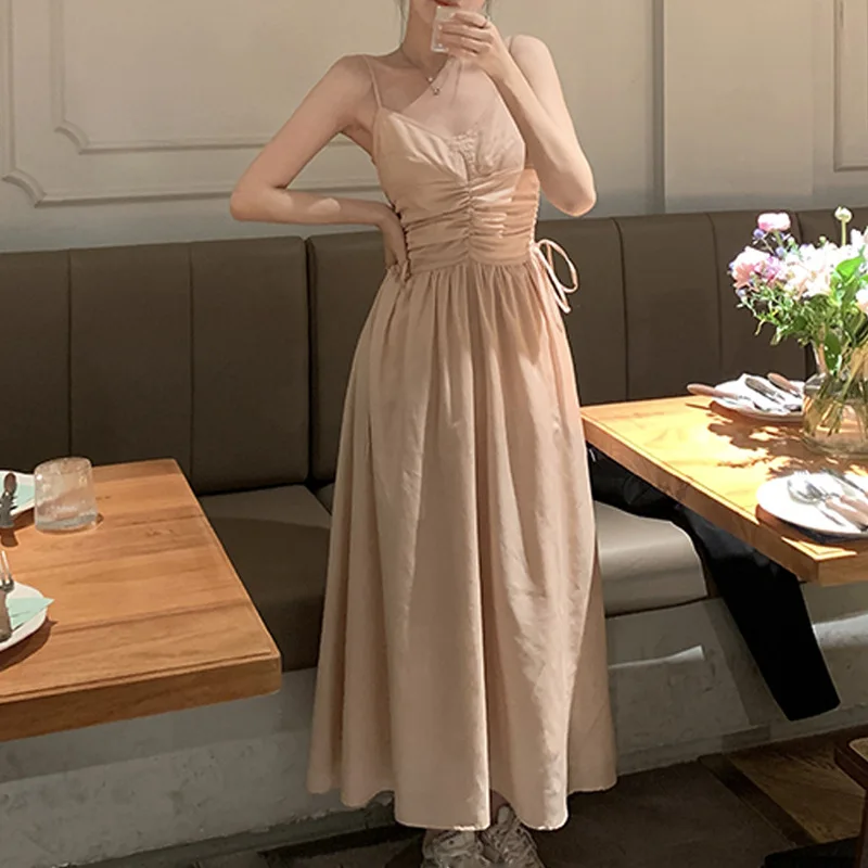

Pure Desire Suspender Long Dress. Solid Color V-neck A-line Mid-length Casual Basic Girl Dresses Solid Student vintage