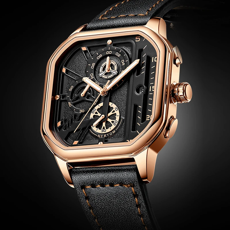 Luxury Men Watch Sport Quartz Waterproof Watches Male Leather Chronograph Luminous Clock Square Skeleton Dial relógio masculino