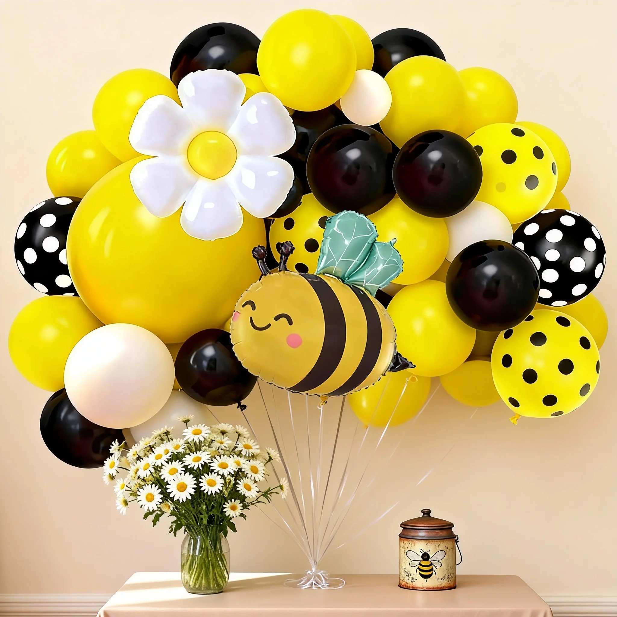 103-teiliges Geburtstags-Ballonbogen-Set mit Bienenthema – Gänseblümchen-Ballons mit schwarzen, gelben und weißen gepunkteten Ballons, Happy Birthday-Dekorationen, geeignet für den Frühling. Kindergeburtstagsparty-Zubehör – Detail 1