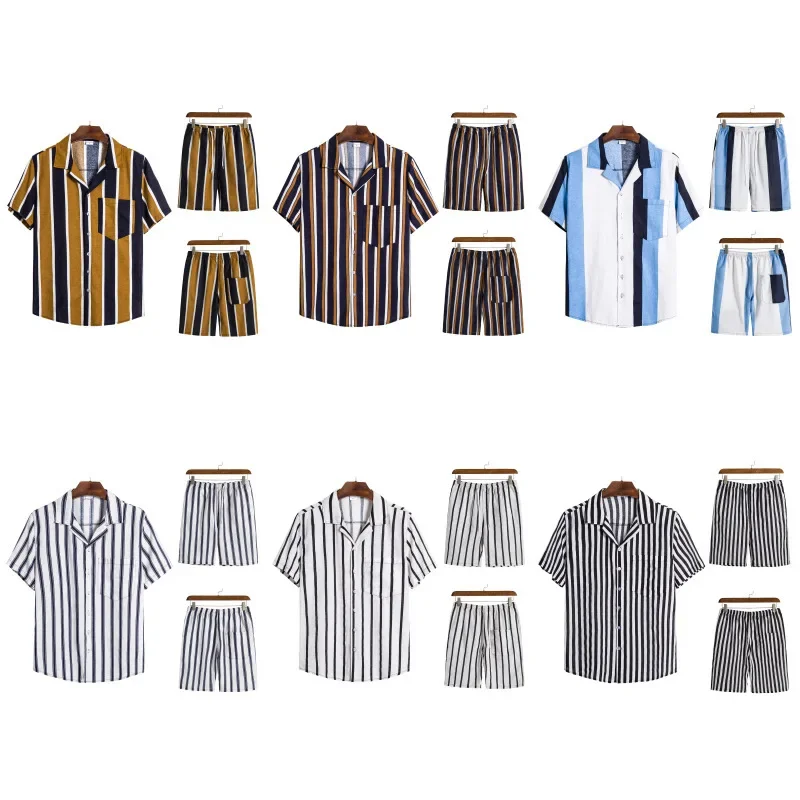 

Мужской комплект из рубашки и брюк, Повседневная Удобная хлопковая рубашка с короткими рукавами и полосатым кубинским воротником, Пляжные штаны в европейском стиле, новинка 2023