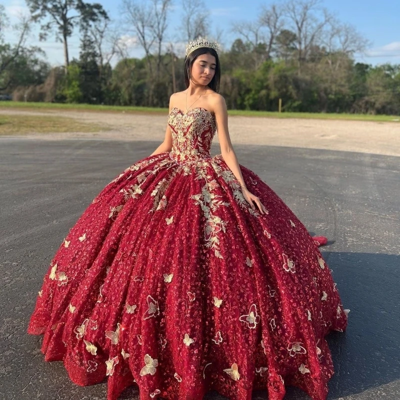 

Красное Бальное Платье для милой, платья для Quinceanera, Золотая аппликация, бант, кристаллы, бисером, с открытыми плечами, ленты, корсет, платье 15 лет