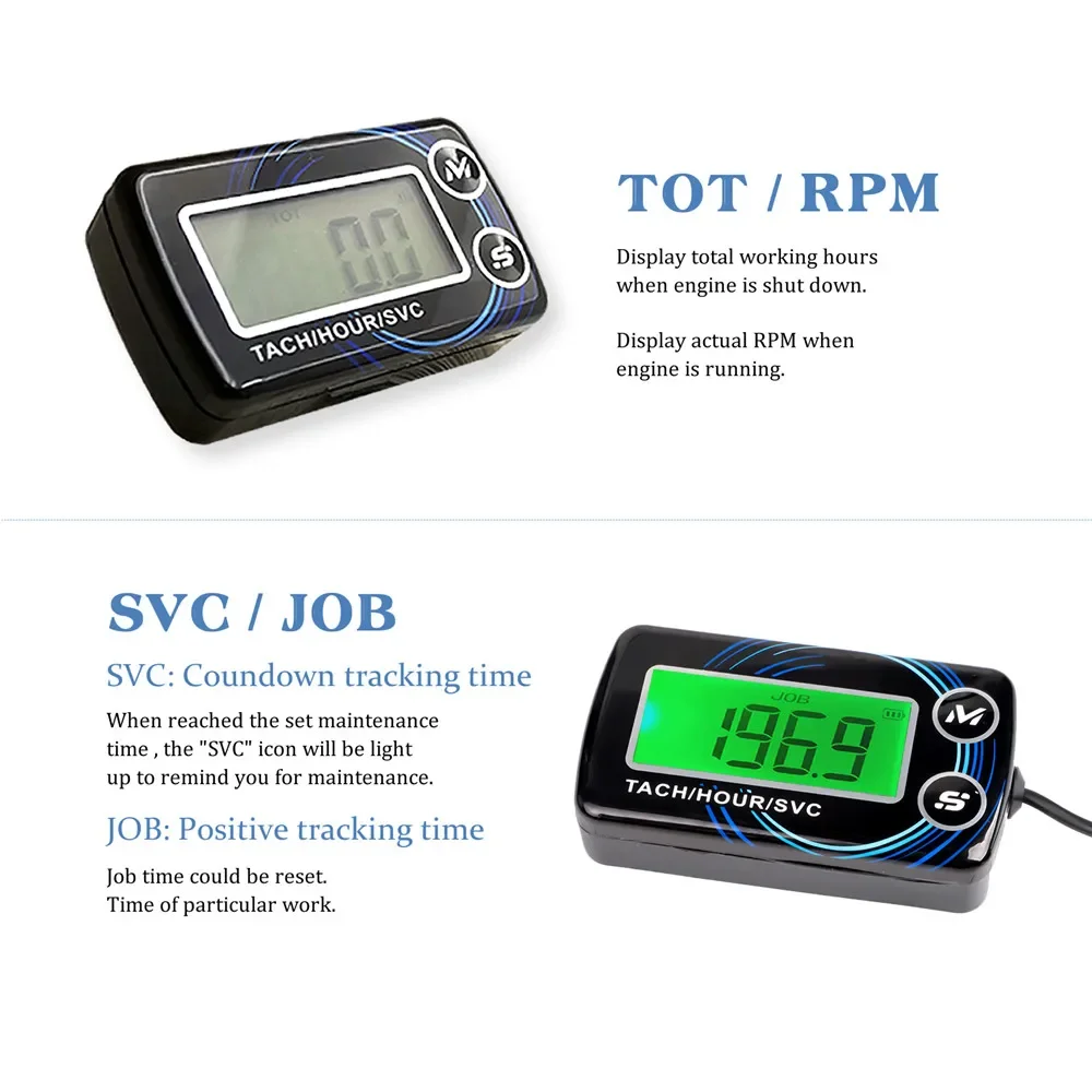 Inductive Tachometer Hour Meters Gauge Alert RPM Engine Hour Meter Backlit Resettable Tacho for Motorcycle Lawn Mower Kebidumei