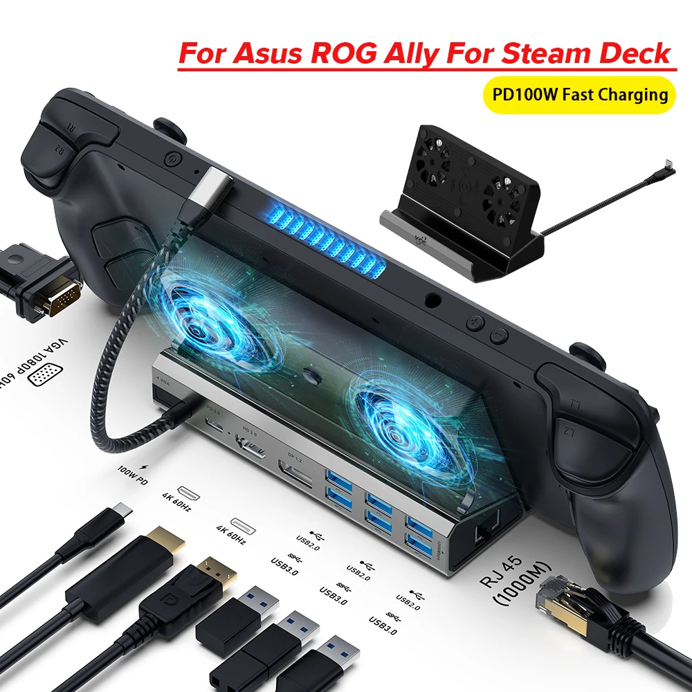 Multifunctional Docking Station & Cooling Fan Stand for ROG Ally Game  Console, 6-in-1 Base Multiport with HDMI-Compatible 4k@60Hz, Gigabit LAN, 3  USB