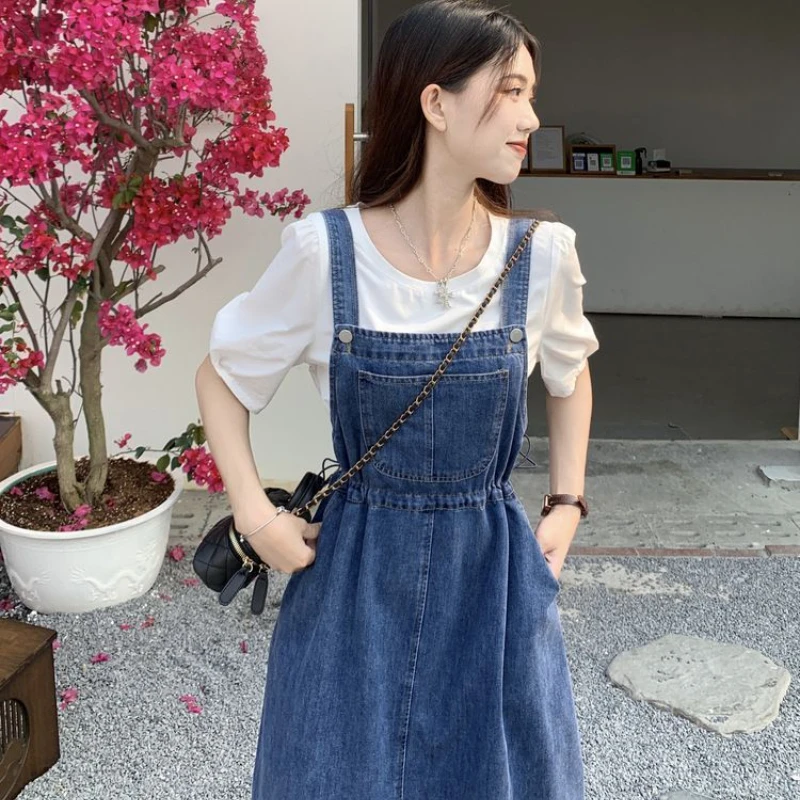 2023 Fashion Women Denim Suspender Skirt Spring Summer Causal Strap Skirt Female High Waist A-line Solid Lace-up Women Skirt