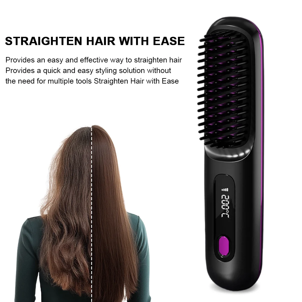 alt="3-temperature setting, cordless, and portable electric brush for straightening hair.