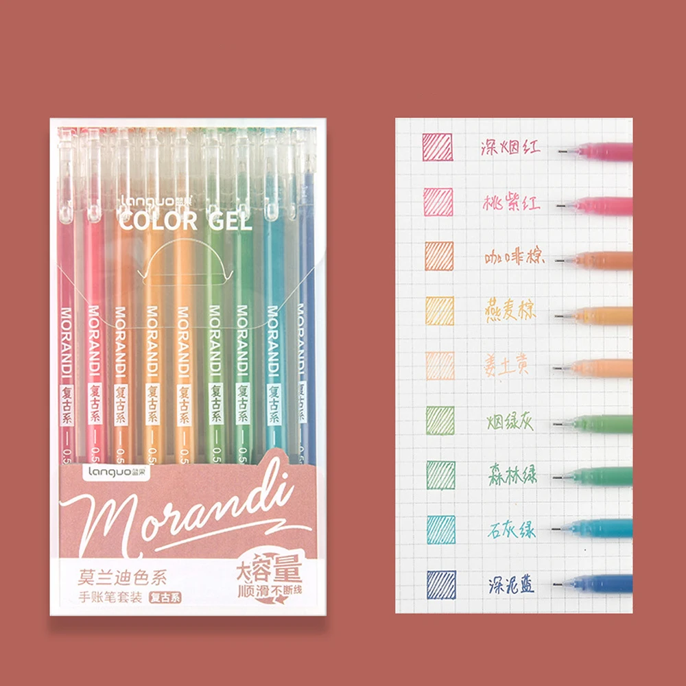 9Pcs/set Creative cute morandi Simple small fresh color gel pen kawaii Quick drying Cap neutral pen journal supplies Stationery 200 sheets morandi solid color sticky notes index memo pad sheets page flag markers book tabs sticker office stationery supplies