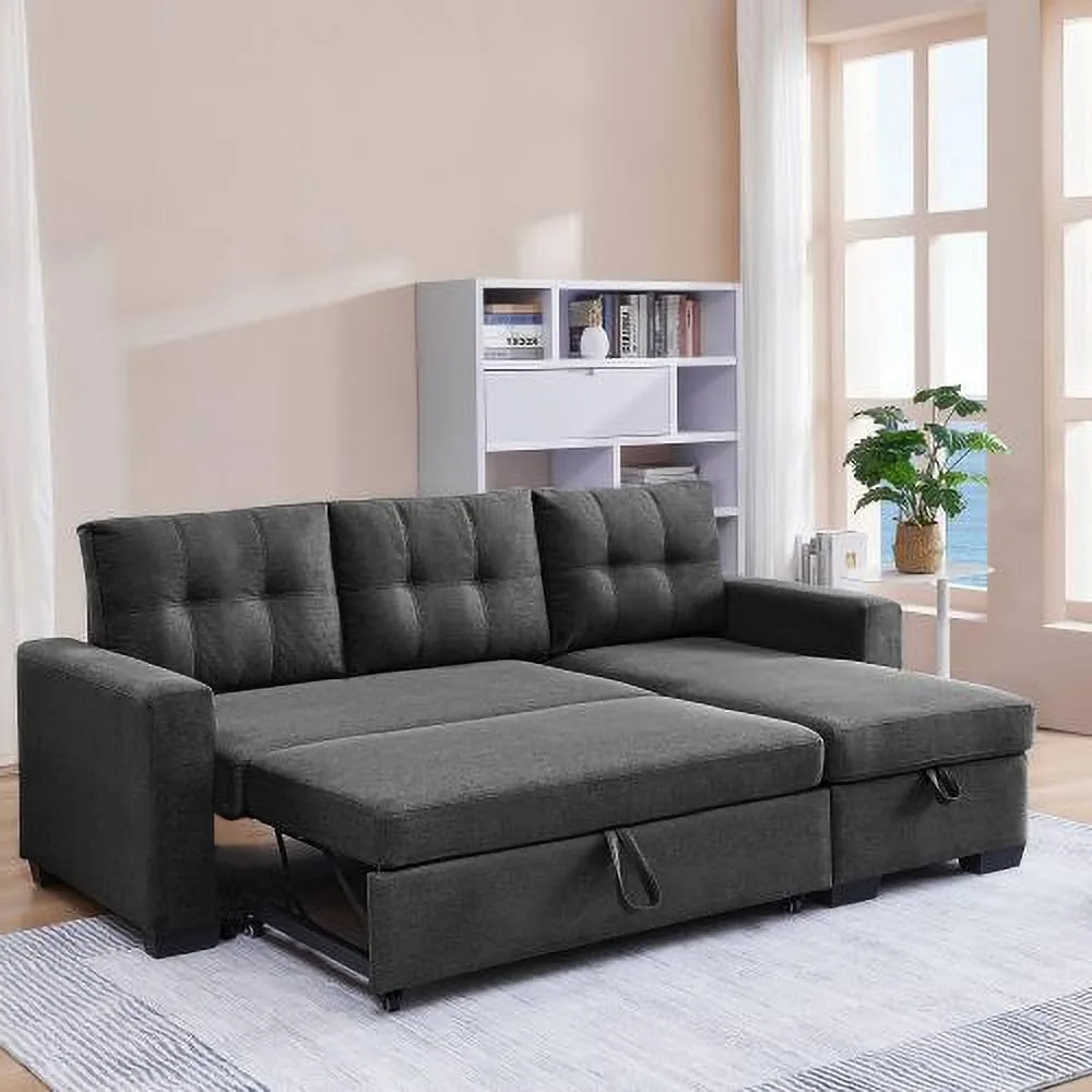 

L-Shape Convertible Sleeper Sectional Sofa with Storage Chaise and Pull-Out Bed, Linen Upholstered Reversible Corner Couch Sofas