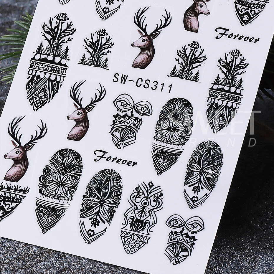 2pcs Christmas Nail Stickers Self-Adhesive Cartoon Elk Retro Petals Reindeer Design Nail Decals DIY Manicure Decoration Sliders