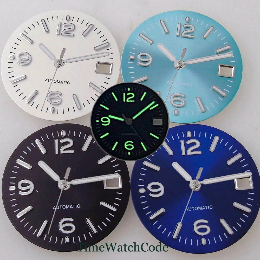 

29mm Watch Dial Face Accessories Green Luminous Hands Fit for NH35 NH36 Movement Date Window Black White Blue Green Sunburst