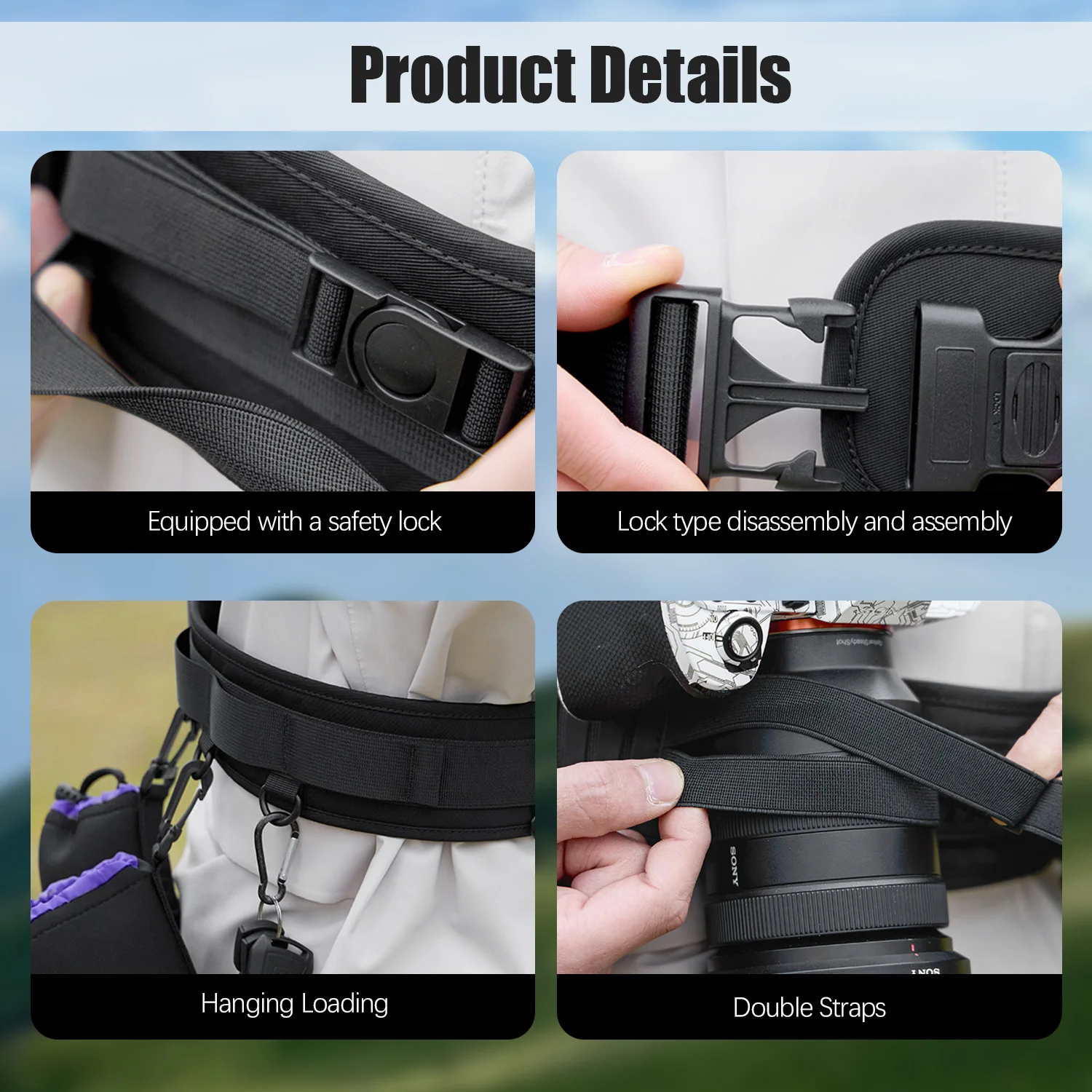 다기능 퀵 릴리스 카메라 하네스 충격 흡수 카메라 스트랩 DSLR/SLR 카메라용 D링이 있는 허리 스트랩 벨트
