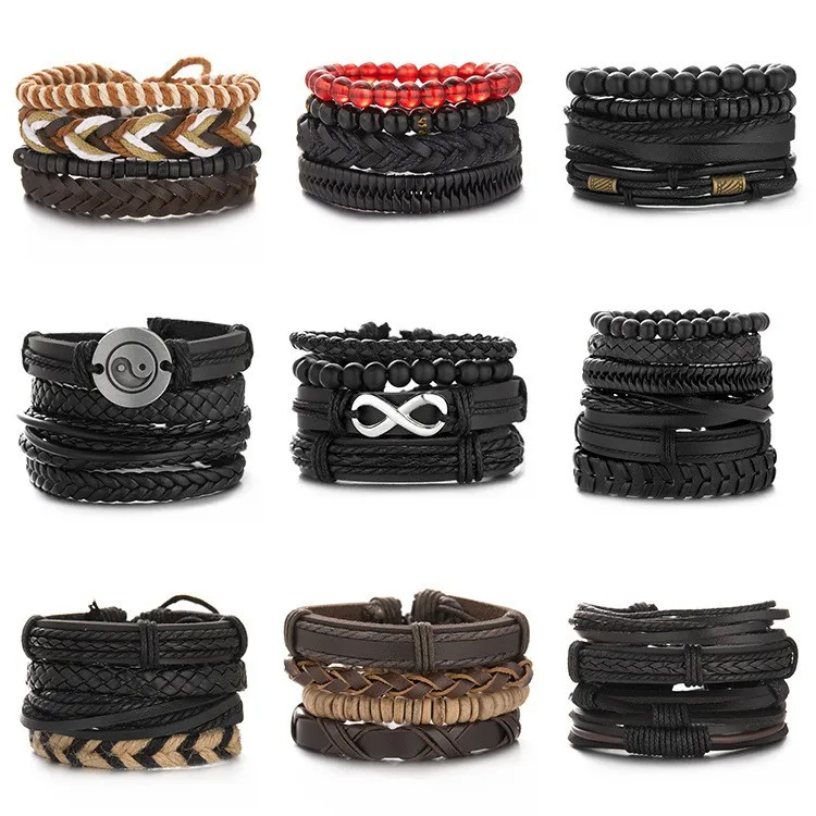 Beaded Bracelet Men Beaded Woven Hand Rope Leather Combination Bracelet Set