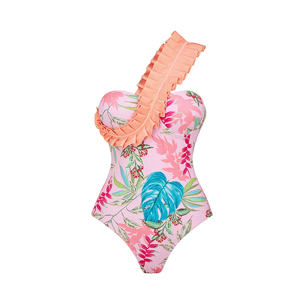 

Женский слитный купальник с эффектом пуш-ап, привлекательный слитный купальник с 3D цветами и на одно плечо, купальный костюм с юбкой и принтом, 2024