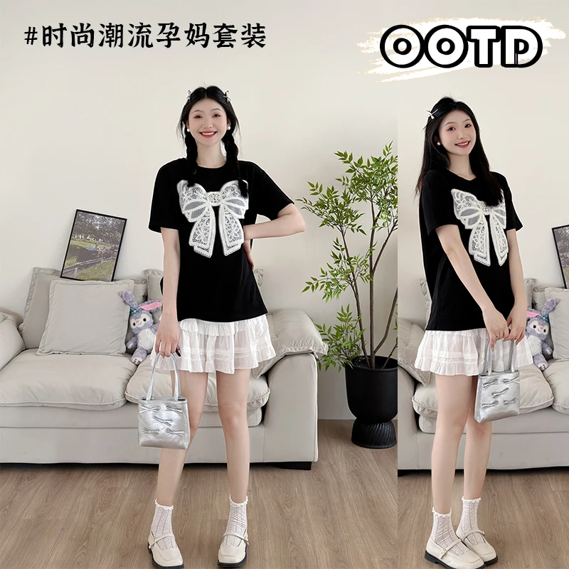 Summer Maternity Clothes Set Short Sleeve Black T-shirt with Large Bowknot Lace Belly Skirts Twinset Pregnant Woman Skirt Suits
