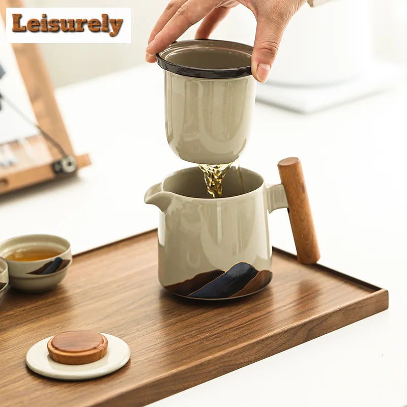 Mountain River Grass Wood Grey Tea Set Kit 1 Pot 3 Cups Tea Brewing Camping Travel Tea Set Portable Tote Bag Tea Ceremony Craft