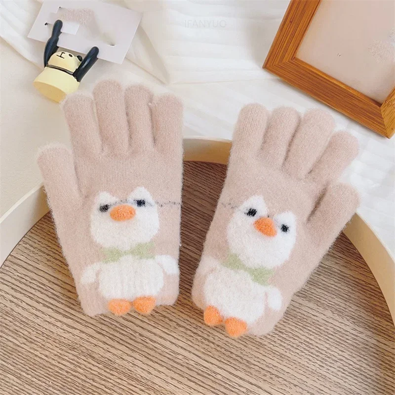 3-7Y Cartoon Penguin Children Gloves Autumn Winter Cute Warm Knitted Five Finger Girls Students Mittens Boys Kids Riding Gloves