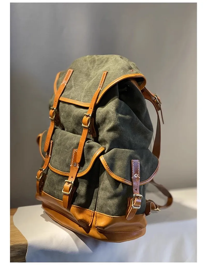 PNDME Vintage Erste Schicht Rindsleder Leinwand Große Kapazität Herren Rucksäcke Outdoor Casual Reise Designer Damen Große Schultasche – Detail 3