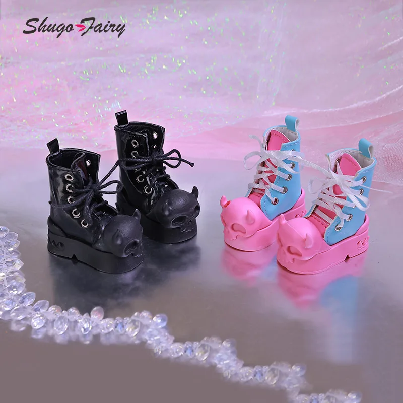 Shuga Fairy Halloween Devil Shoes for 1/4 Slim Una BJD Doll Mini Toy High Boots Black and Pink Colors Shoes WX4-299