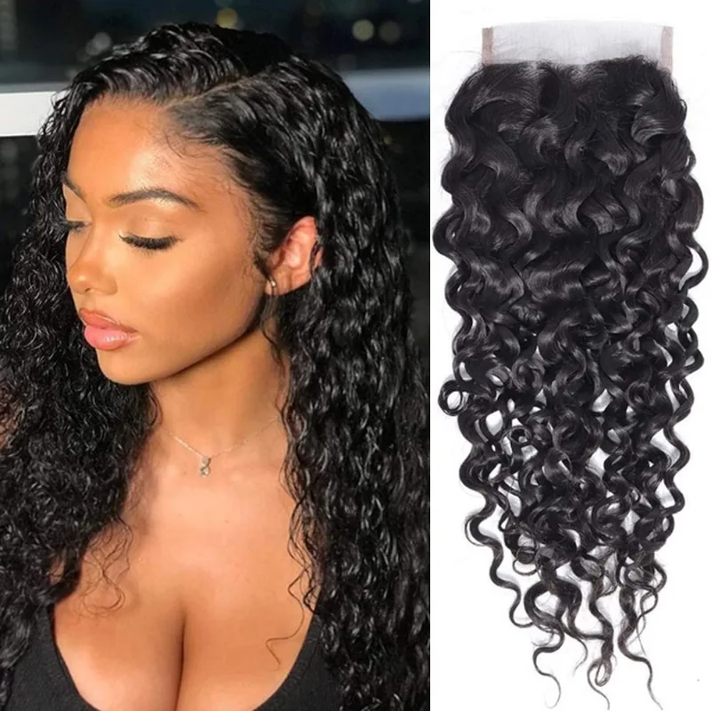 Water Wave Human Hair 4x4 Lace Closure Pre-Plucked Hairline Brazilian Virgin Hair Transparent Lace Closure Soft and Silky