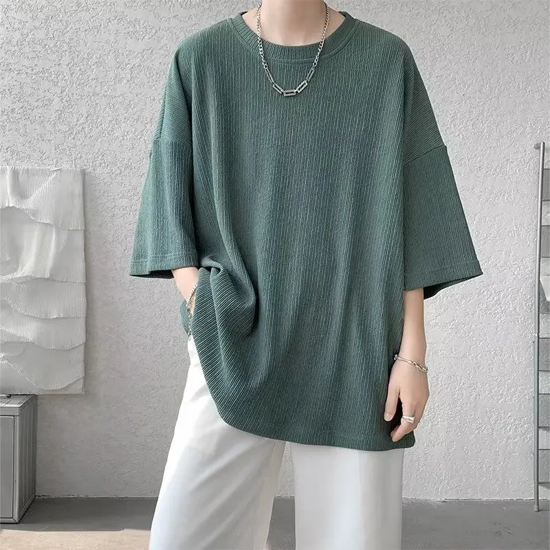 

Cool Ice Silk Summer Plaid Men Green Tops Round Neck Three Quarter Sleeve T Shirts Fashion High Street Casual Oversized Clothes