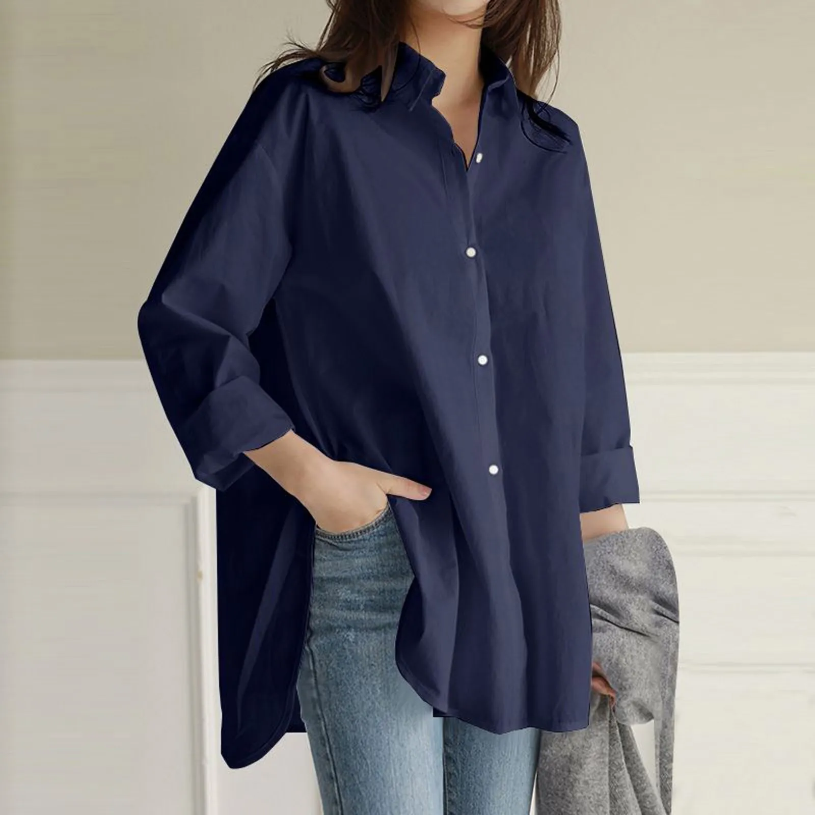 

Plus Size Loose Women's Shirt Button Long Sleeve Turn-down Collar Solid Color Tops With Pocket Casual Loose Women's Blouse