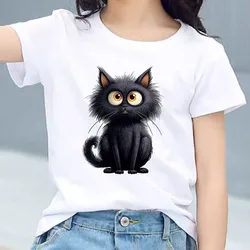 Adorable Black Cat Graphic Kids' Cotton Tee - Soft, Breathable Short Sleeve Shirt - 160 (White H1567)
