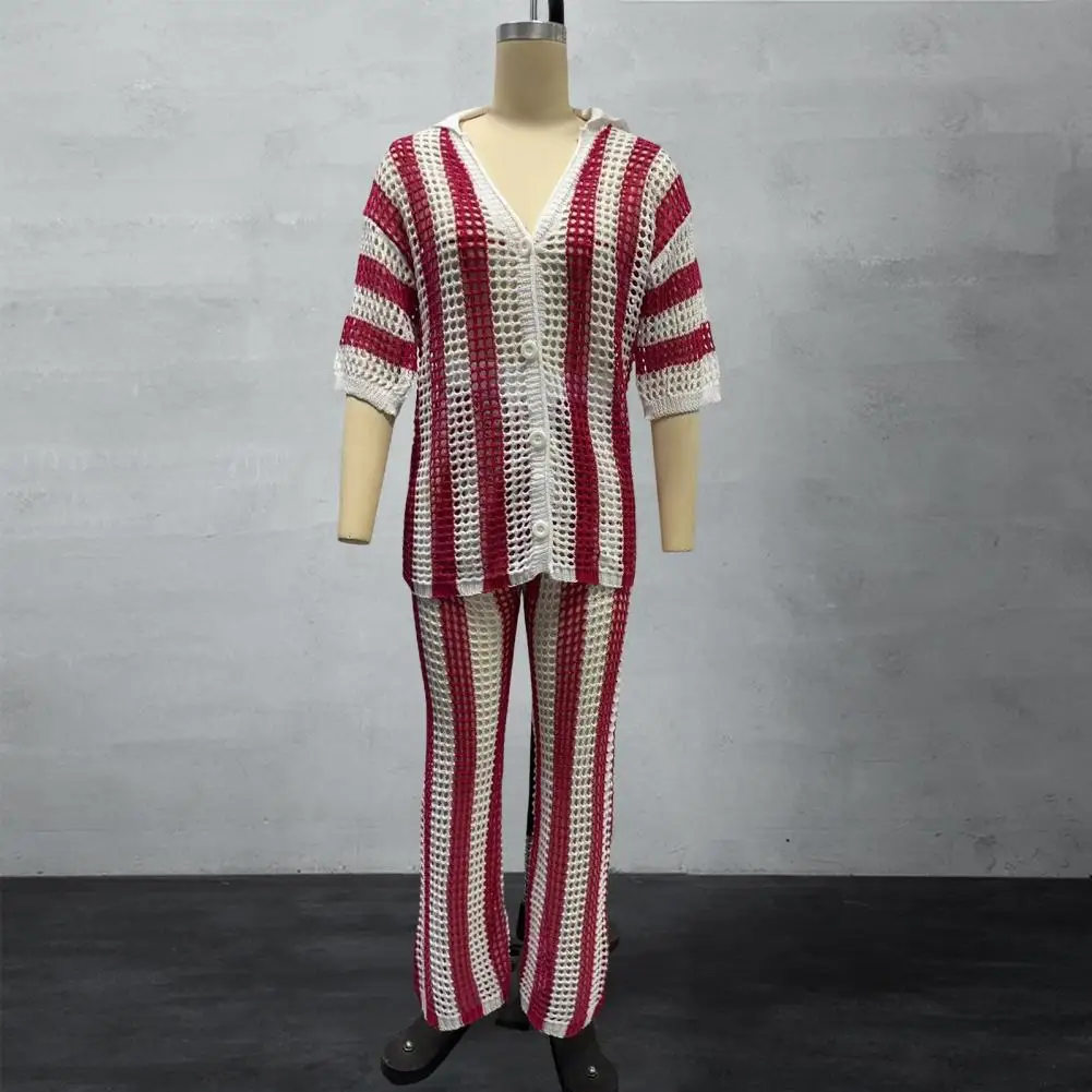 V-neck Striped Shirt Suit Stylish Women's Knitted Shirt Pants Set with V Neck Blouse Wide Leg Trousers Chic Beach for Summer