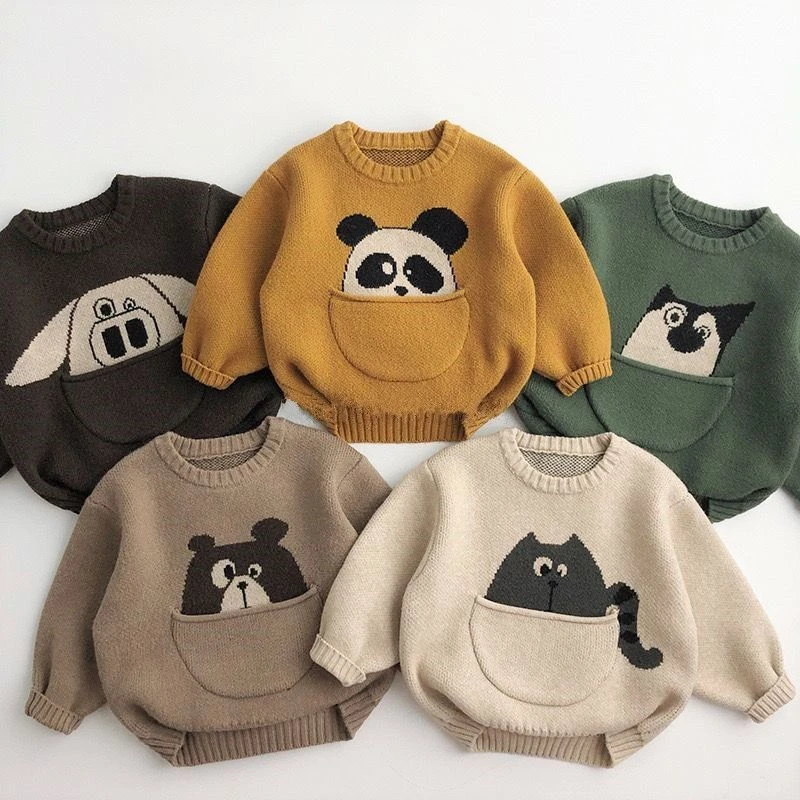 

Children Sweater Autumn Winter Kids Clothes Girls Boys Cartoon Animals Knitwear Sweaters Korean Baby Pullover Pockets Loose Tops