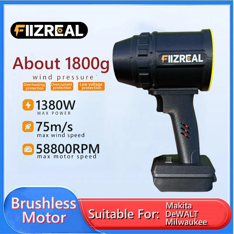 FIIZREAL Brushless Portable Ducted Fan F 64, 64mm Design with 1800g Plus Wind Force Compatible with Milwaukee DEWALT and Makita, Battery Not Included