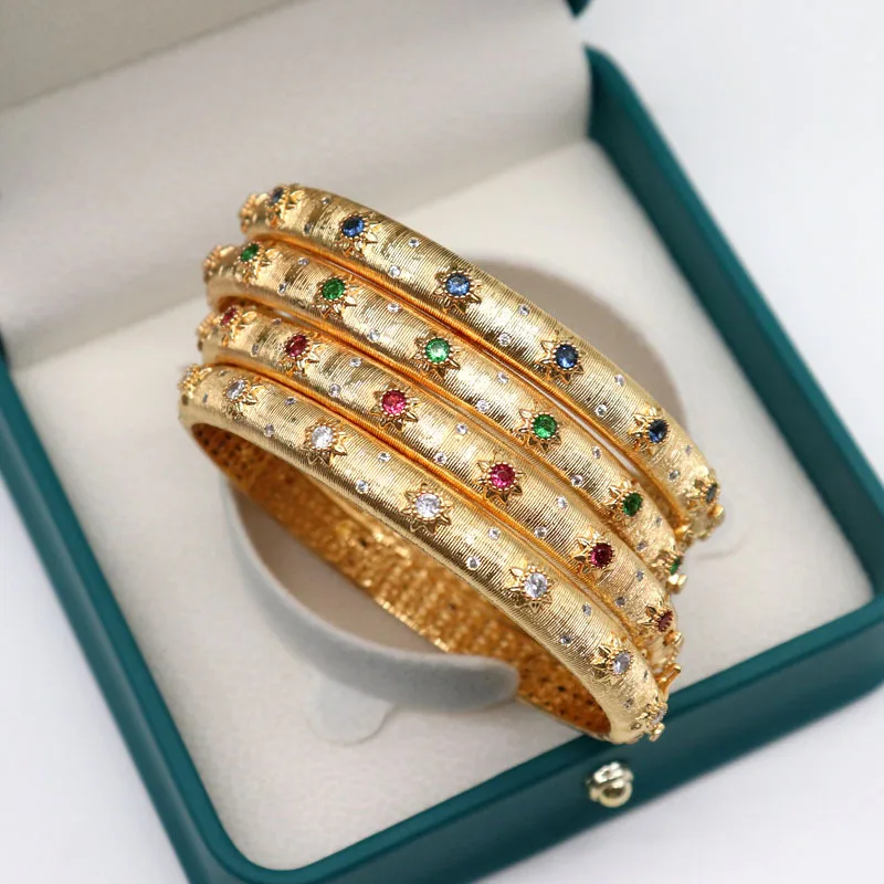 

Italian 18K Solid Gold Plated Bangles Women's Luxury Jewelry with Emerald Retro Open Bracelets Luxury Bracelet