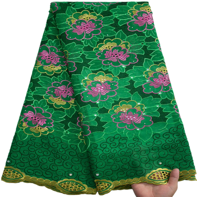 

Green Dry Cotton Lace Fabric With Stones 2023 5 Yards African Embroidery Swis Voile Lace Fabric For Women Party Dresses A3278