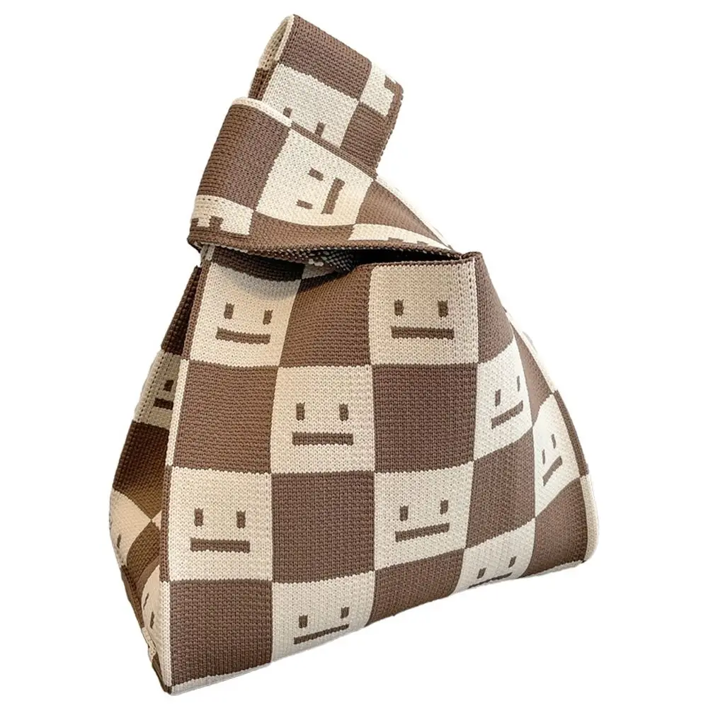 

Lipstick Bag Lattice Smiling Face Cosmetic Bag Women Tote Bag Plaid Wrist Bag Mini Ins Handbag Small Knot Knitted Bag
