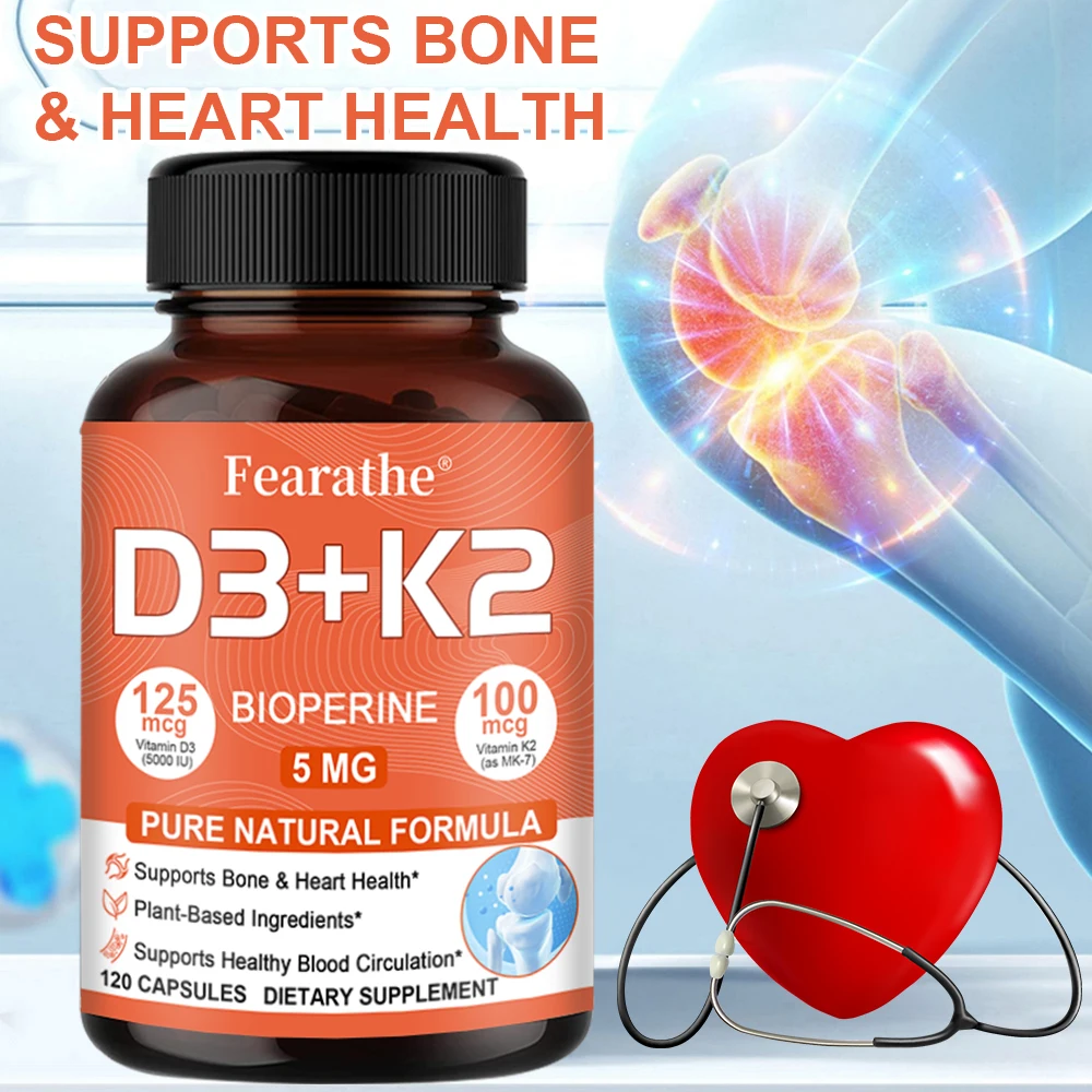 

Fearathe Vitamin K2 (100mcg) + Vitamin D3 (5000 IU) 60/120 Capsules - Gluten Free and Non-GMO