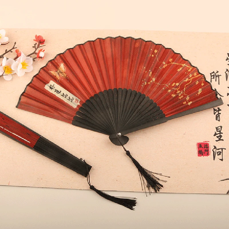 Chinese Red Folding Fans Women Dance Performance Hand Fan Props Decorative Bamboo Fan Wedding Birthday Art Crafts ventilador