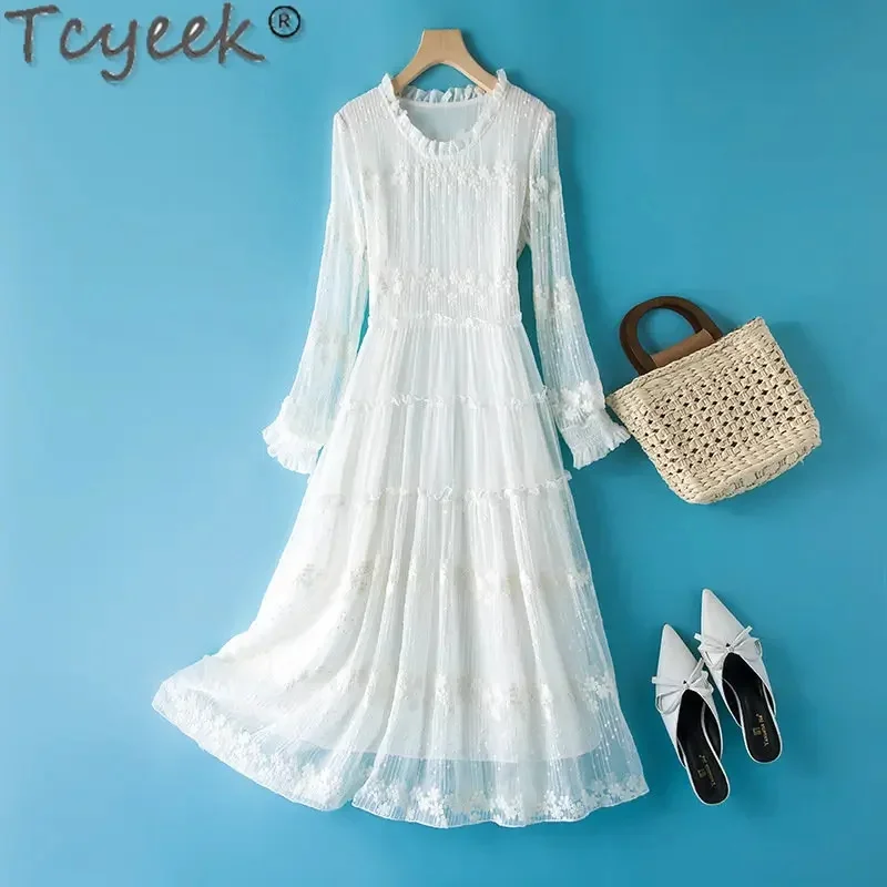 

Женское пляжное платье средней длины, белое платье из шелка тутового шелкопряда с цветочной вышивкой и рукавами для отдыха, лето 100%