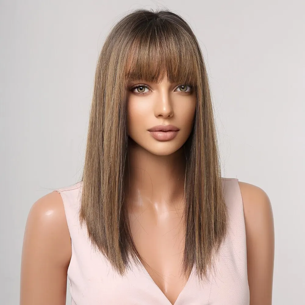 Parrucche Lunghe Fino Alle Spalle Per Donna, Fibre Sintetiche A Strati Marrone~p153975703 - Foto 6