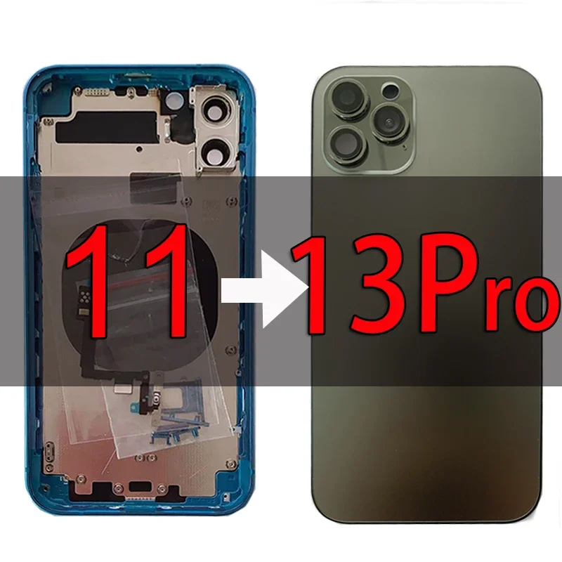 

DIY for iPhone 11 like 13 pro housing Aluminum Frame with back galss + Switch flex cable+ case Cover+ Side keys+Dual sim+ tools