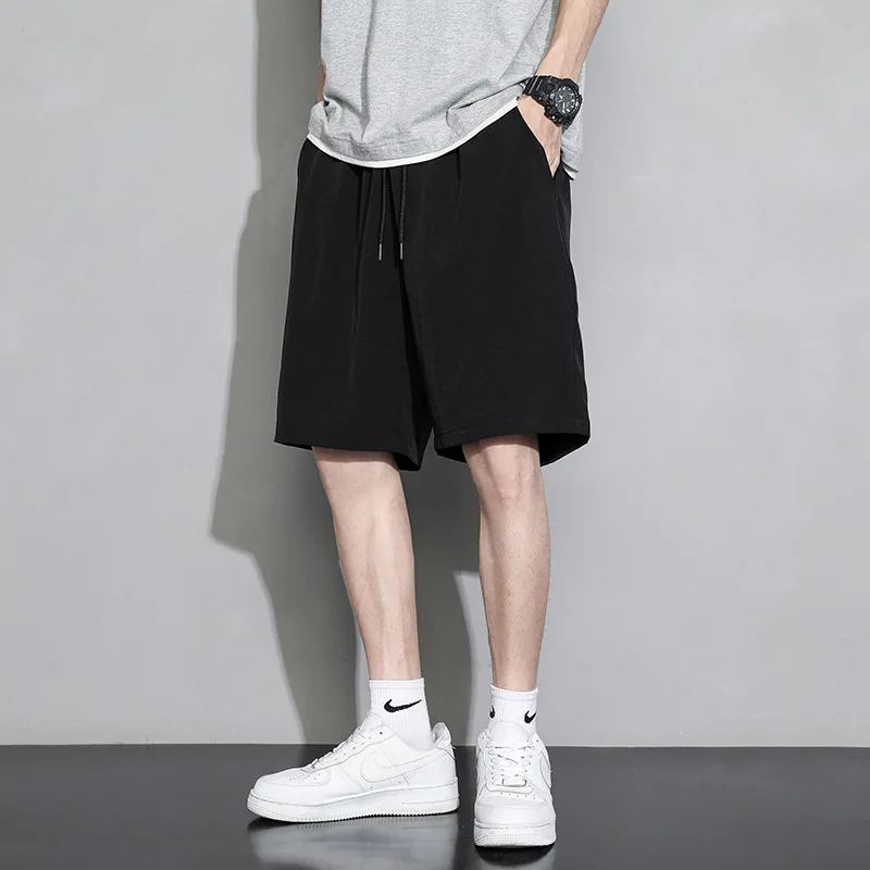 Summer Loose-fit Men's Sports Mid-waist Shorts Lightweight Black Ice Silk Five-poin 3