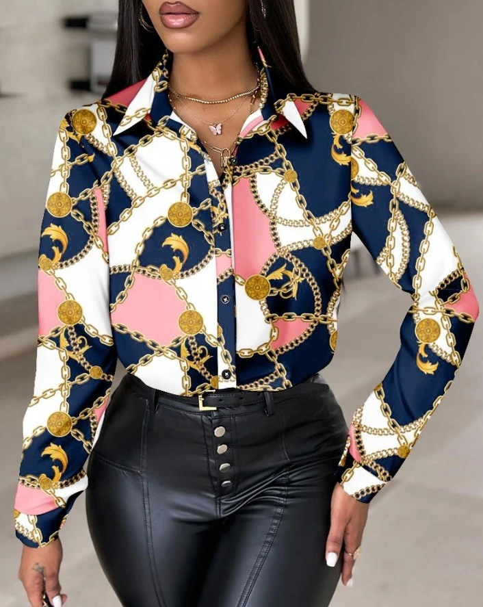 

Women's New Fashion Turn-Down Collar Chain Print Buttoned Top Temperament Commuting Female Elegant Work Long Sleeve Blouses