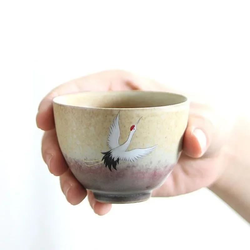 Traditional Chinese Style Tea Cup Flying Crane Pattern Retro Ceramic Teacup Coffee Cup Coarse Pottery Cups