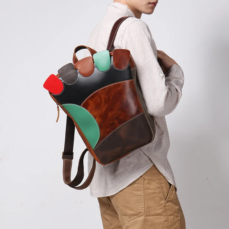 Vintage Men's Leather Backpack Crazy Horse Leather Color Blocking Large Capacity Laptop Bag